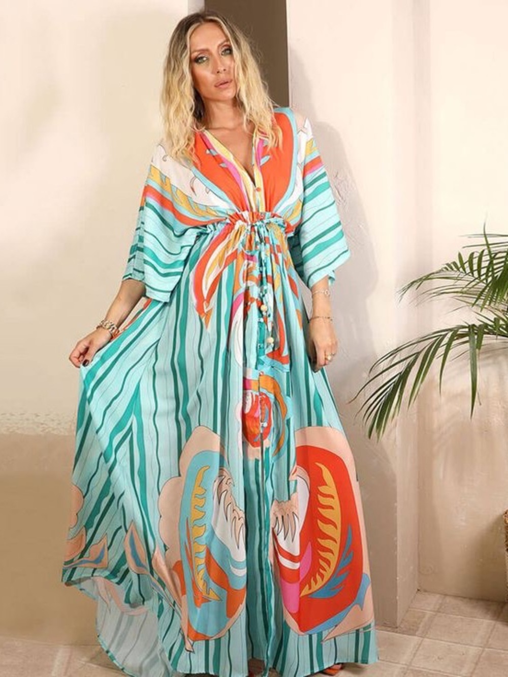 Boho Maxi Kaftan Dress in Aqua and Coral